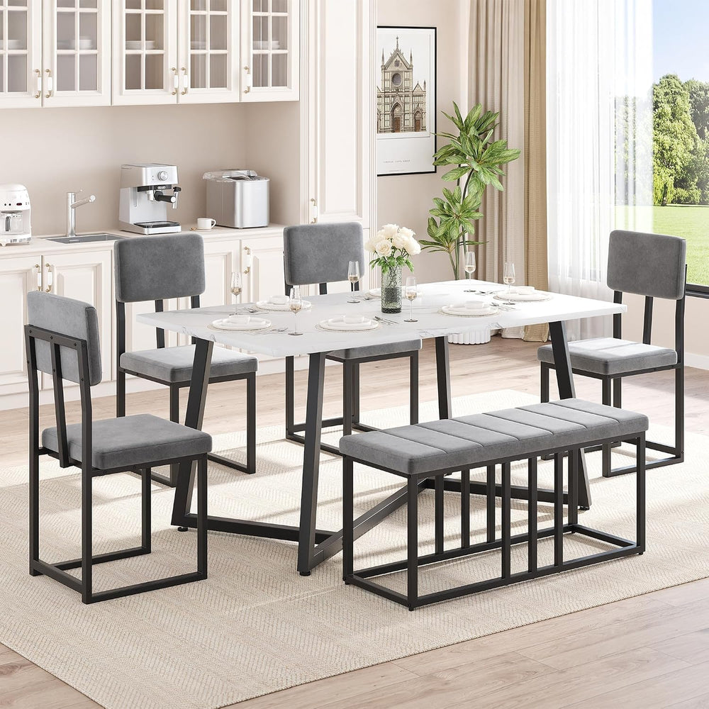 Dining Table Set for 6 with Velvet Upholstered 4 Chairs and 1 Bench