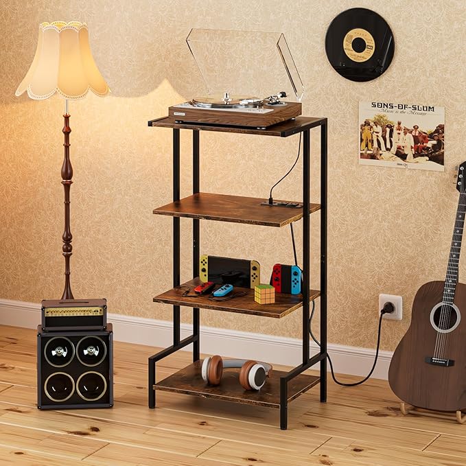 4-Tier AV Media Stand with Power Outlet and LED Lights,Wooden Stereo Stand Ca...