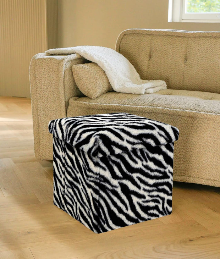 Luxe Faux Fur Storage Ottoman, Zebra Black/White, 15 x 15 x 15 in | Engineered Wood, Tool-Free Assembly, Modern Style, Seat And Footrest