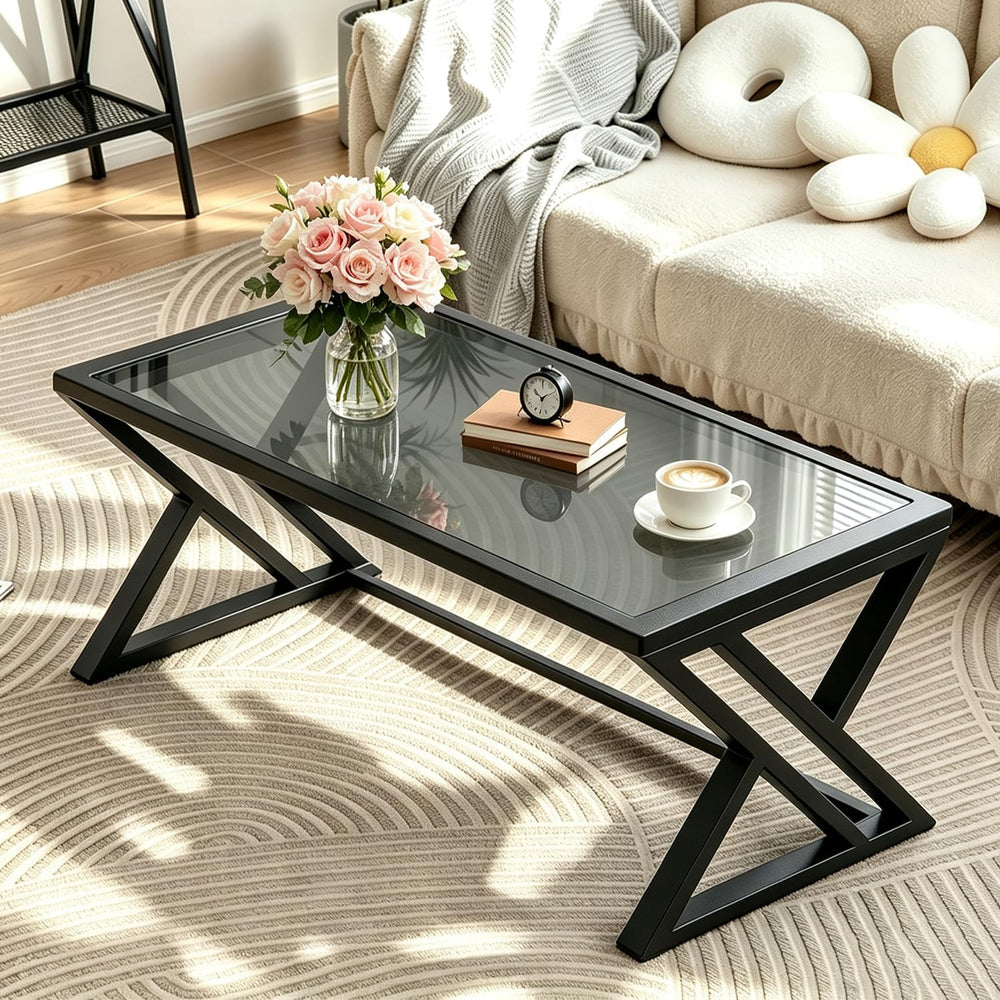 Wolawu Coffee Table Grey Glass Coffee Tables for Living Room, Center Table