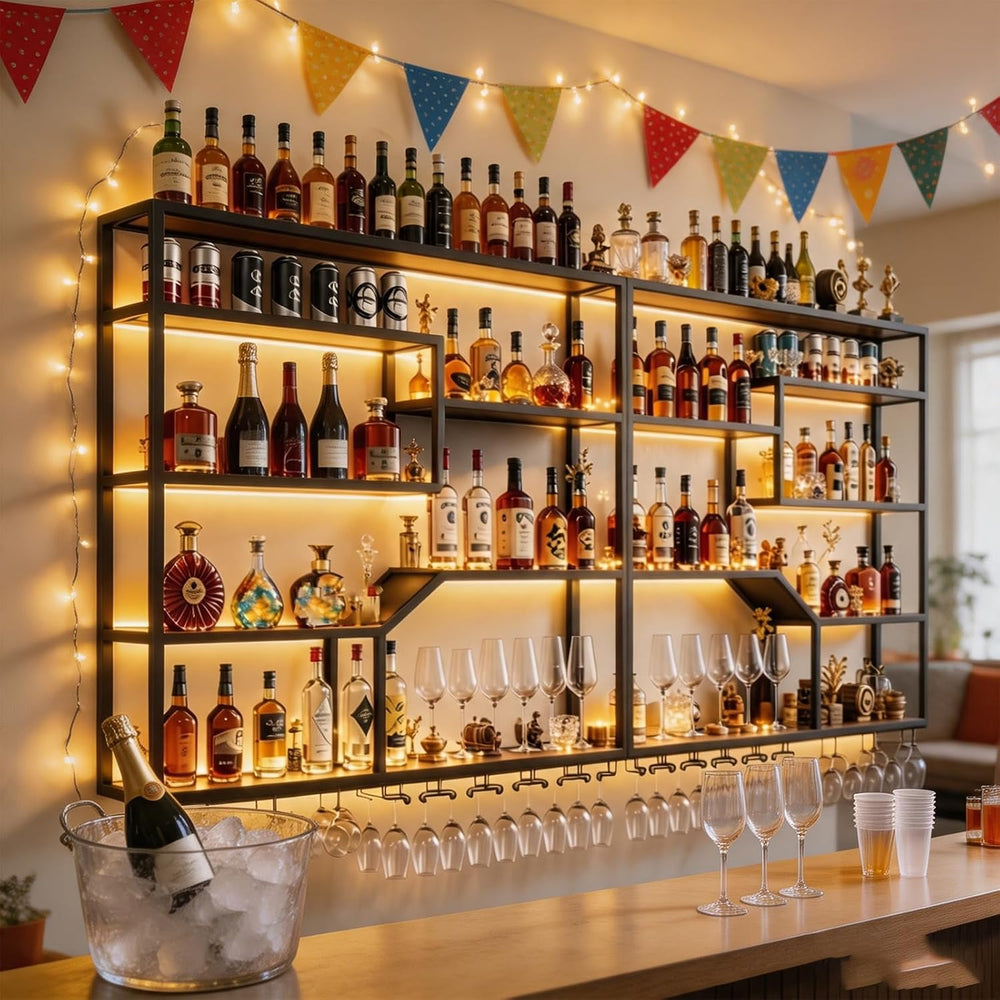78.7IN Wall Wine Rack with LED, Industrial Iron & Walnut | Iron & wal...