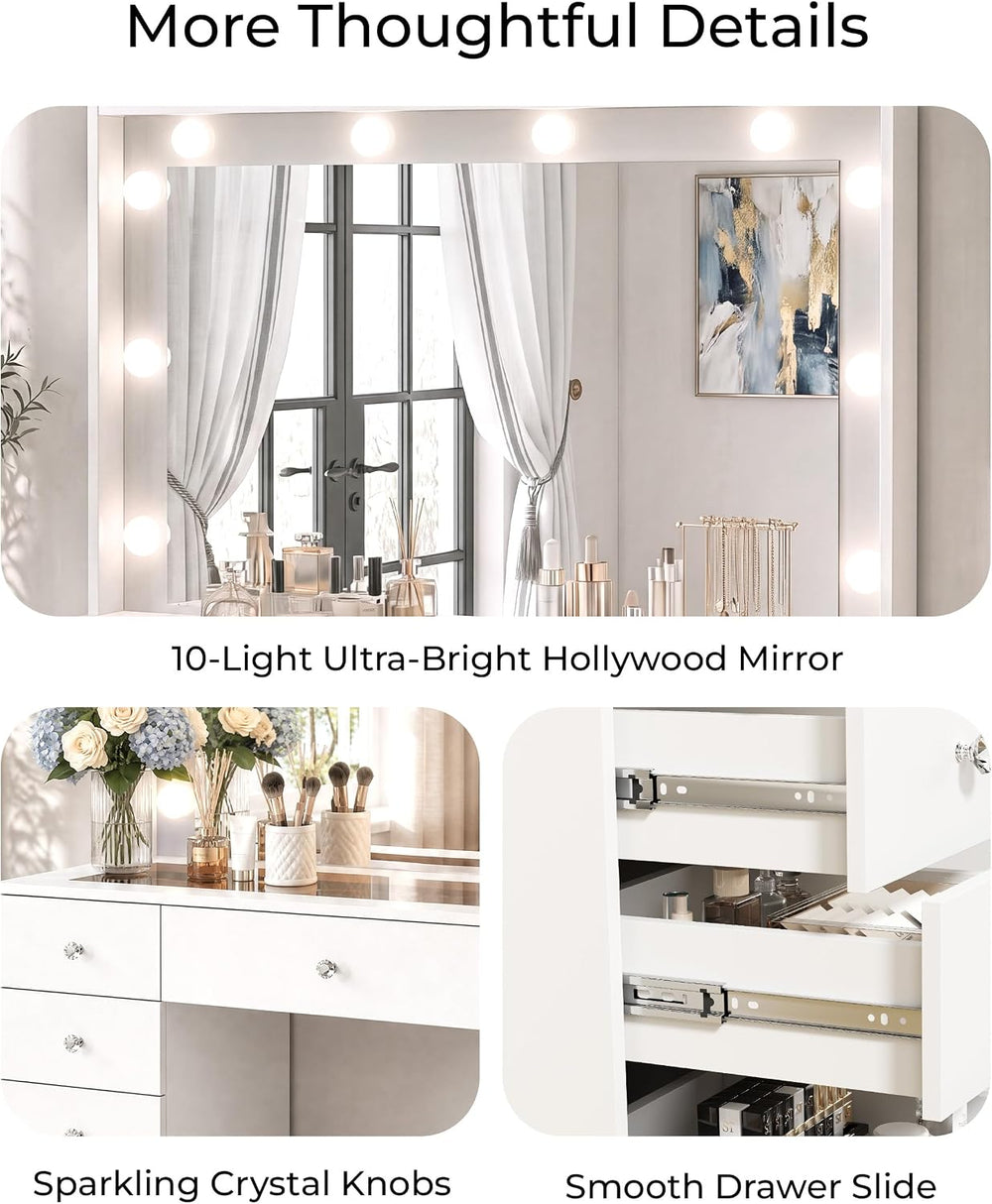 Otterease White Makeup Vanity with Mirror and Lights,11 Drawers & Glass T...