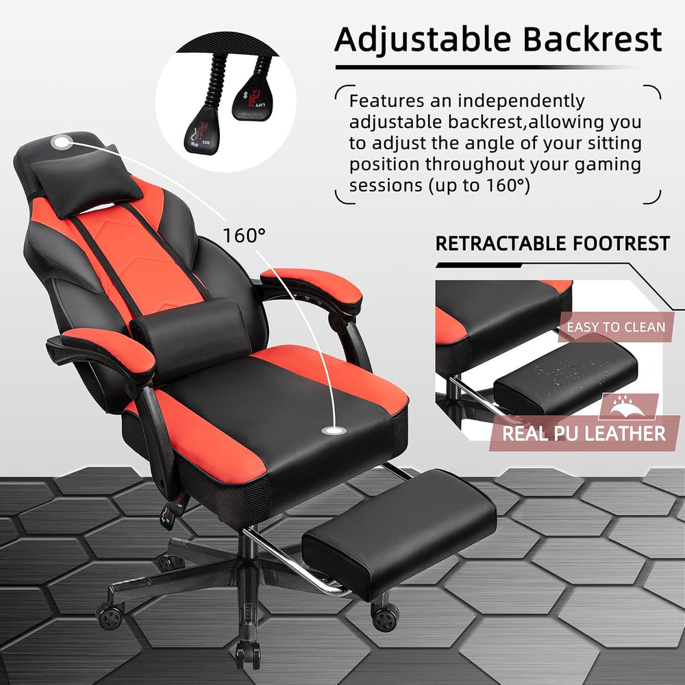 Shintenchi Gaming Chair with Footrest, Massage Lumbar Support, Height Adjustm...