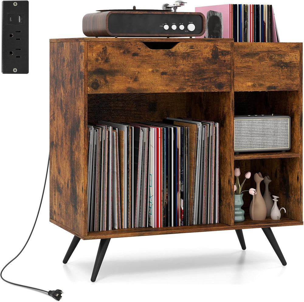 LOKO Record Player Stand with Charging Station, Vinyl Record Holder with Remo...