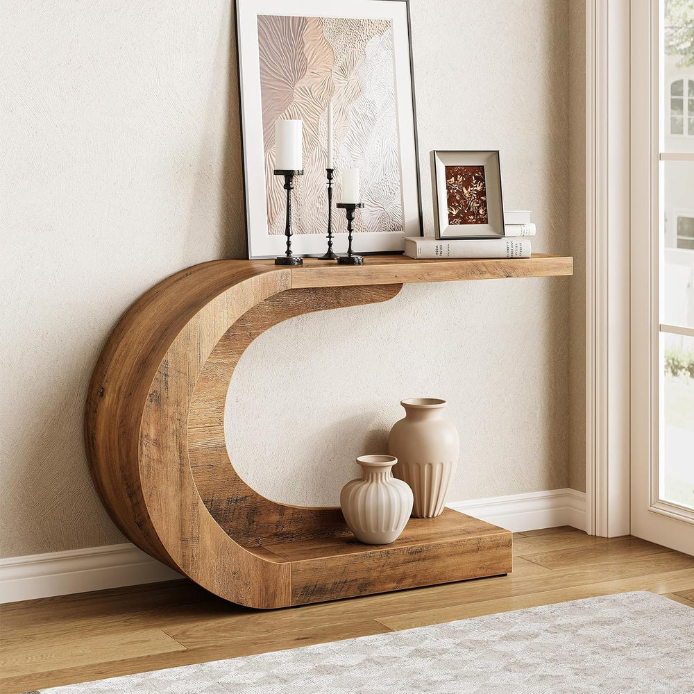 LITTLE TREE 43.3-Inch Farmhouse Console Table, 2-Tier C-Shaped Sofa Table Beh...