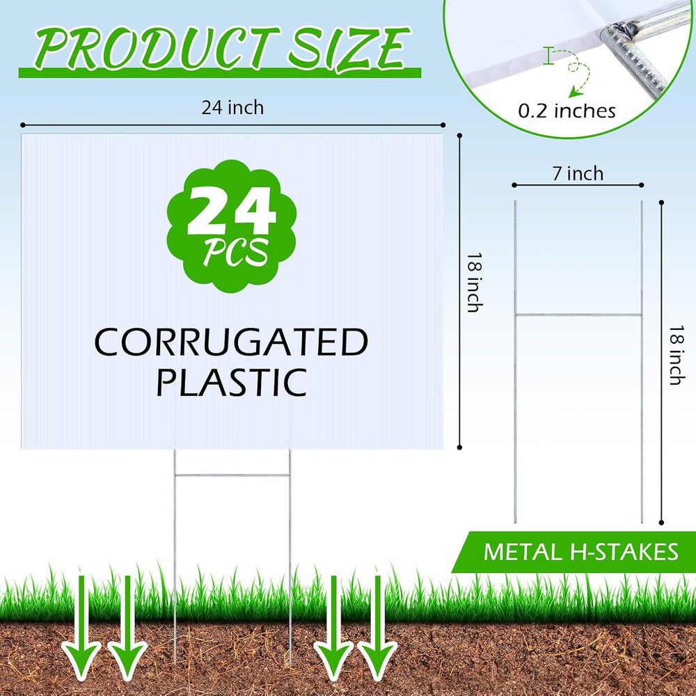 Timgle 24 Set Blank Yard Sign and H Metal Stakes Large White Corrugated Plast...