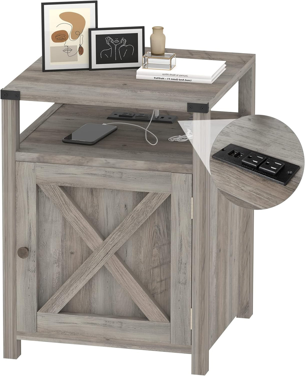 Farmhouse Nightstand with Charging Station, Rustic End Table Bedroom with Sto...
