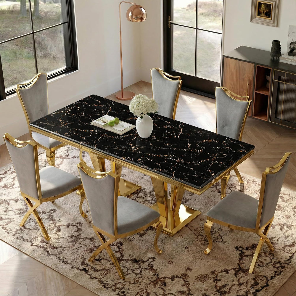 66.9" Dining Table for 4-6,Elegant Kitchen Table with Faux Marble Top Di...