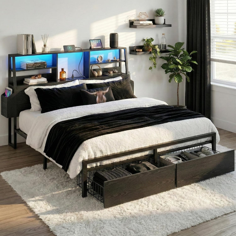 Homkdom Queen Bed Frame with 3-Tier Storage Headboard and 2 Drawers