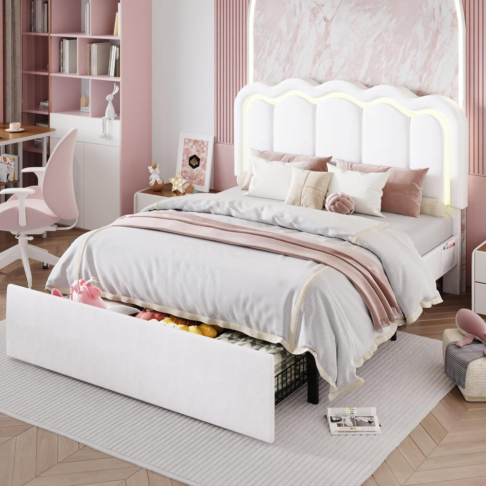 SHA CERLIN Full Size Bed Frame with LED Lights and Storage Drawer, White
