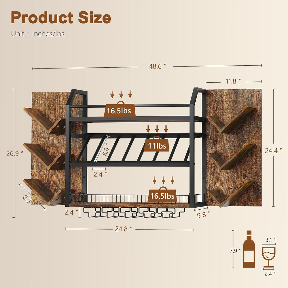 Hoctieon 48.6in Wall Mounted Wine Rack, 3 Tier Hanging Wine Racks with Glass ...