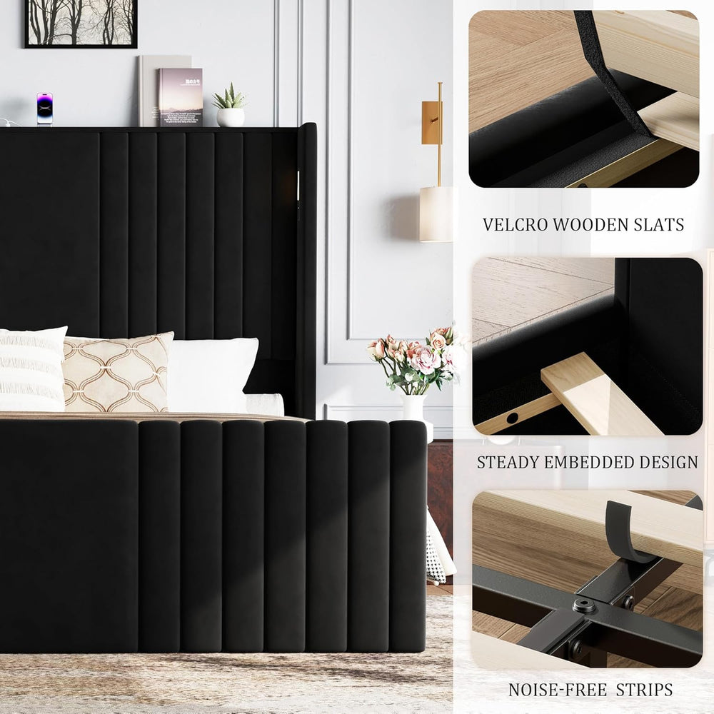 55" Tall King Size Platform Bed Frame with 2 Reading Lights, Black