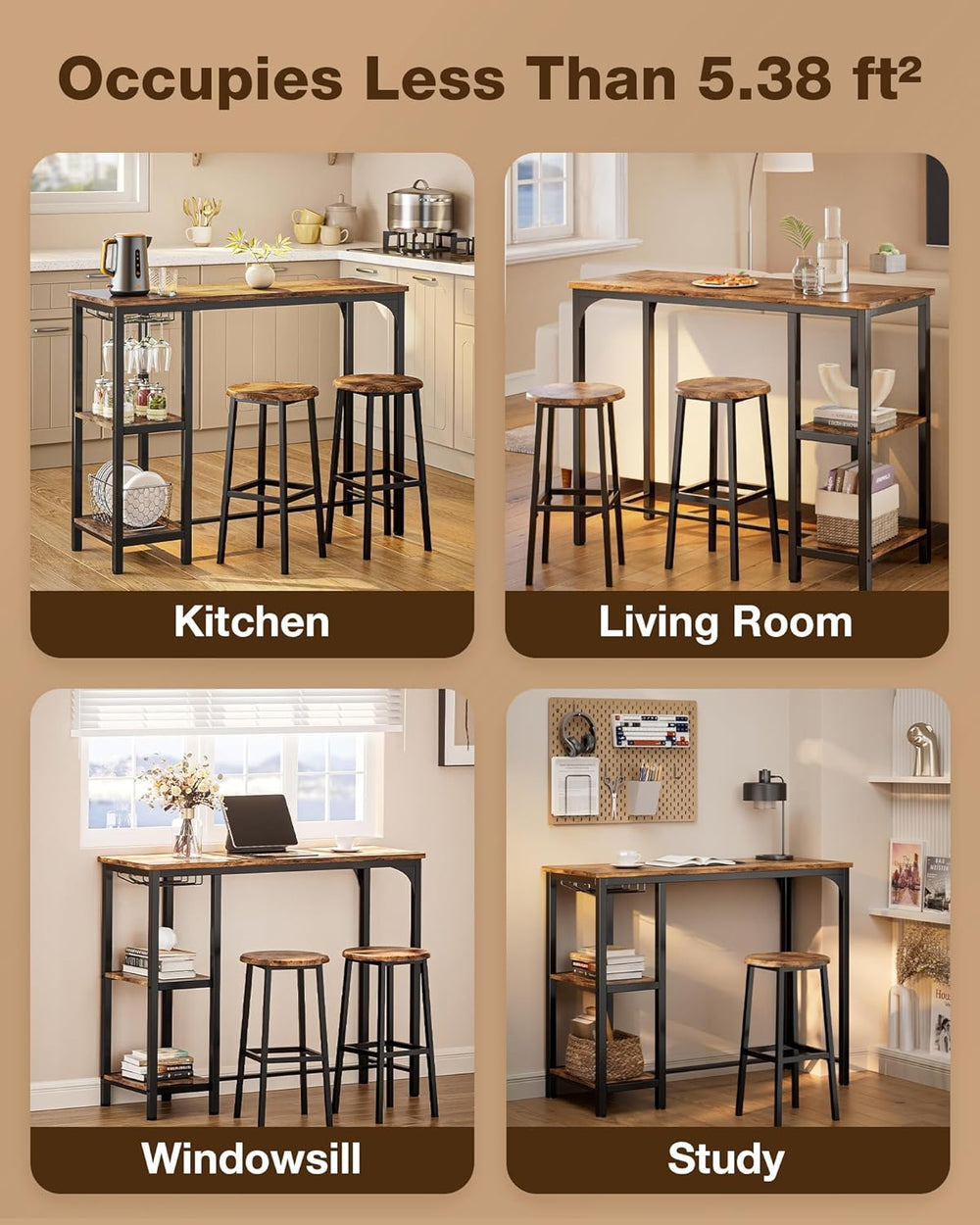 Qsun 3-Piece Bar Table Set for 2 | Bar Height Table with Stools & 2 Stora...