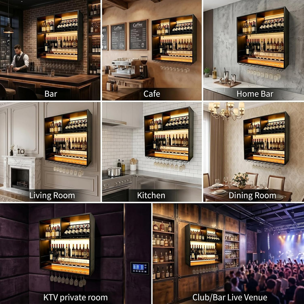 55in Large Wall Mounted Wine Rack with LED Light, 4 Tier Iron Liquor Bottle D...