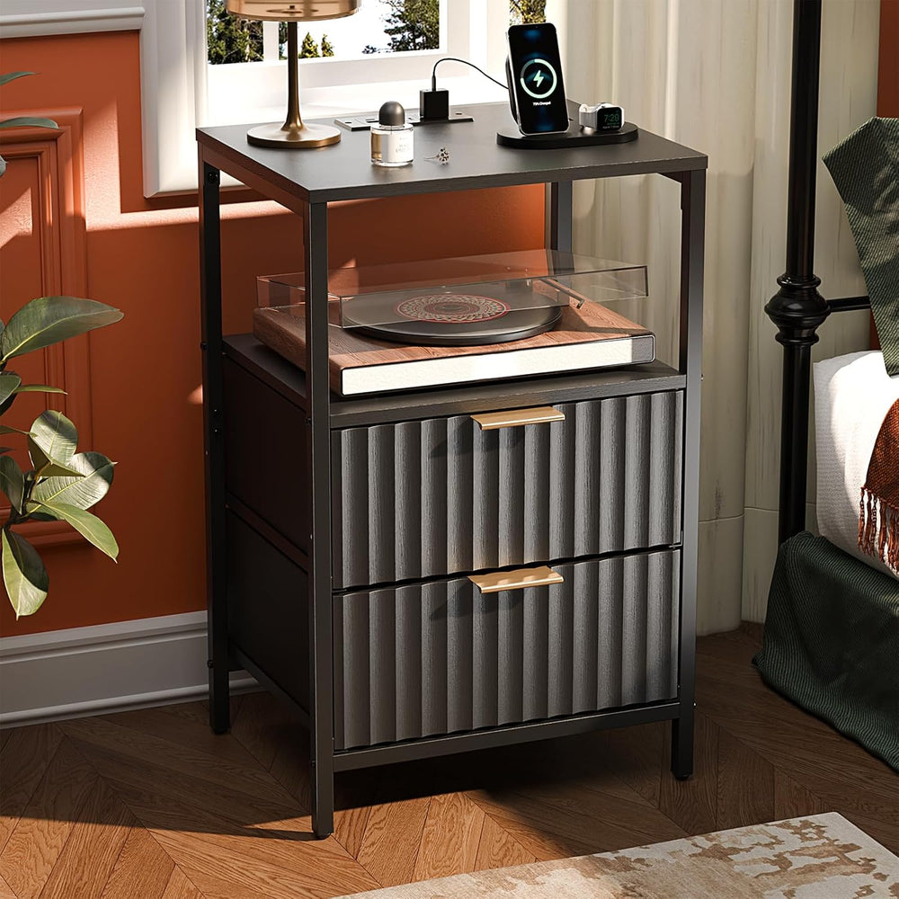 VINGLI Black Nightstands Set of 2 with Fabric Drawers, Fluted Nightstands wit...