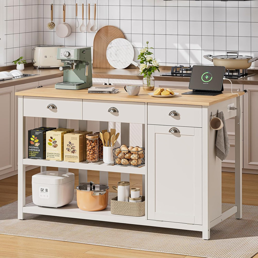 ONBRILL 59" Kitchen Island with Storage, Solid Rubberwood Tabletop | Isl...