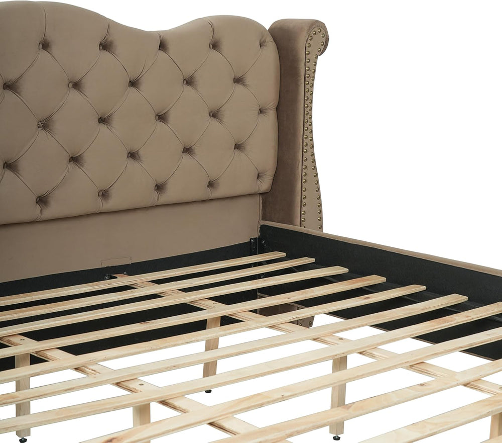 Merax Brown King Size Velvet Upholstered Bed Frame with Thick Tufted Wingback...
