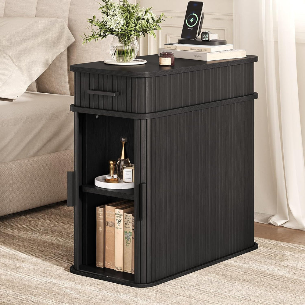 Side End Table with Charging Station, Slim Nightstand with Drawer, Mid-Centur...