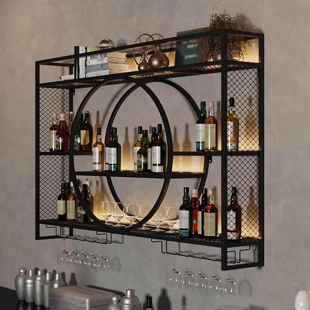 Liquor Bottles Bar Shelves Wall Mounted with LED Lighting Glass Holder, Wine ...