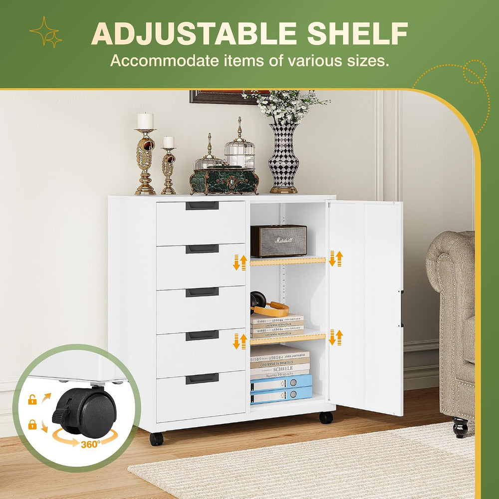 5-Drawer Metal Storage Cabinet with Adjustable Shelves and Wheels, Printer St...