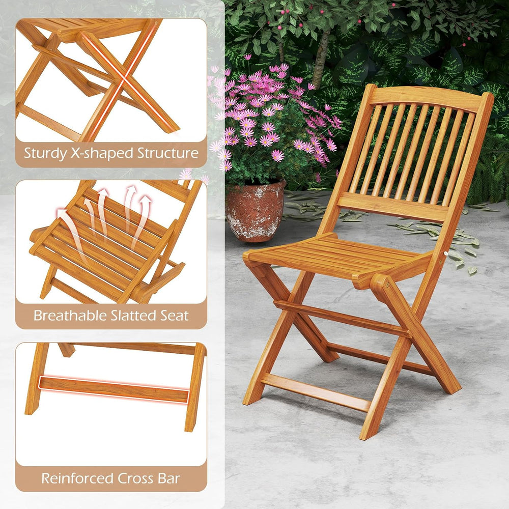 HAPPYGRILL Outdoor Folding Chairs Set of 4, Acacia Wood High-Back Chair w/Sea...