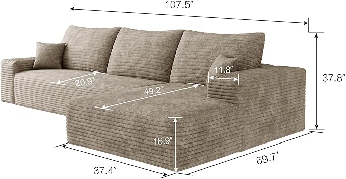 Eafurn Oversized L Shape Modular Sectional Sofa with Right Facing Chaise Loun...