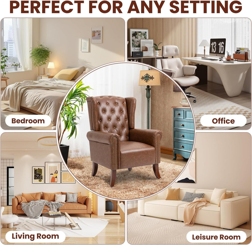 Faux Leather Accent Chair, Mid-Century Armchair Upholstered Club Sofa Chair w...