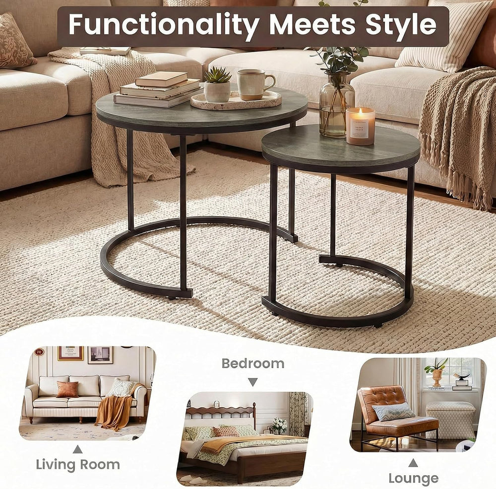 GOFLAME Nesting Coffee Tables Set of 2, Stacking Round Center Table with Wood...