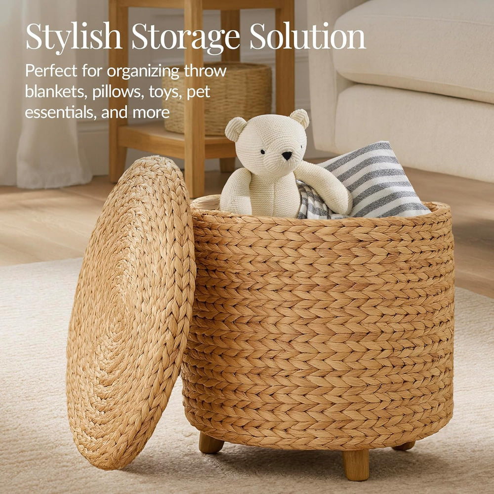 Best Choice Products 17" Round Storage Ottoman W/Lid, Handwoven Water Hy...