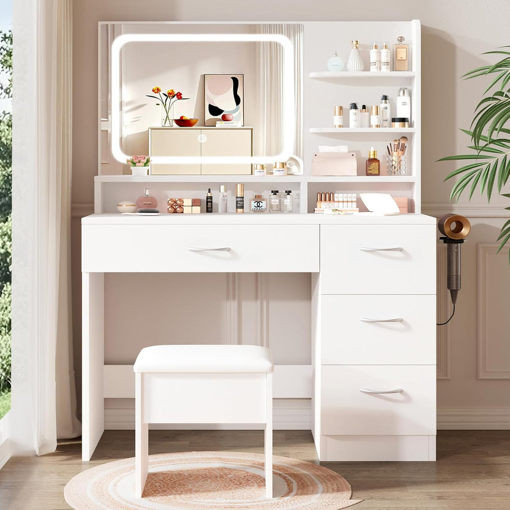 LIVELYGLOW White Makeup Vanity Desk with Charging Station & 4 Drawers | S...