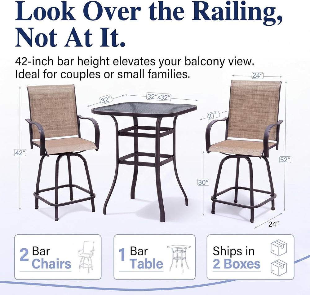 Greesum 3-Piece Patio Bar Set, High Top Table & 2 Swivel Bar Stools with ...