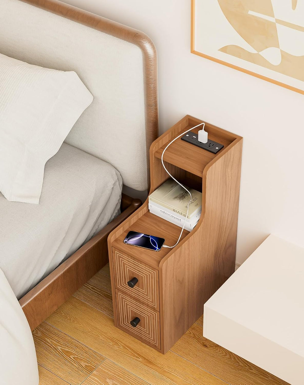 Set of 2 Narrow End Table with Charging Station, Wooden Slim Side Table with ...