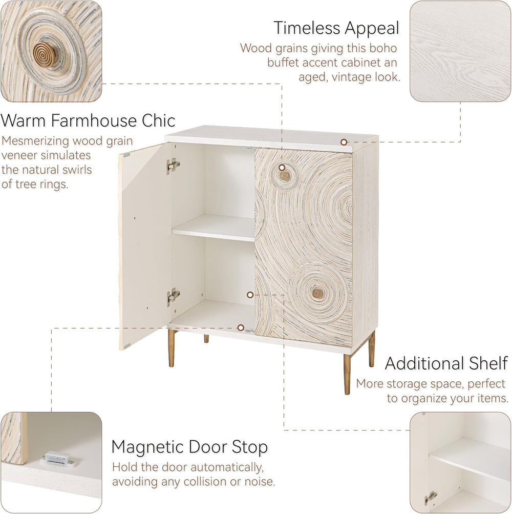 Aoikax Boho Embossed 2 Door Storage Cabinet with Ring Motif, White and Gold