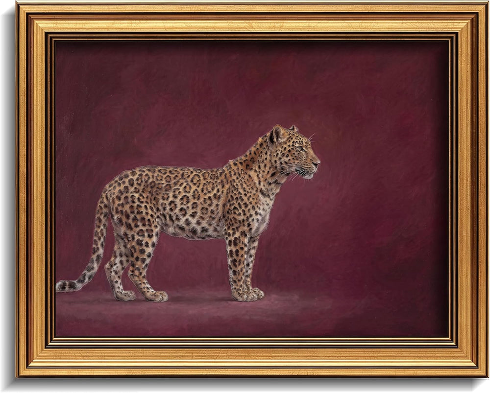 Gold Framed 3D Textured Wall Art, Vintage Burgundy Cheetah Canvas Prints, Min...