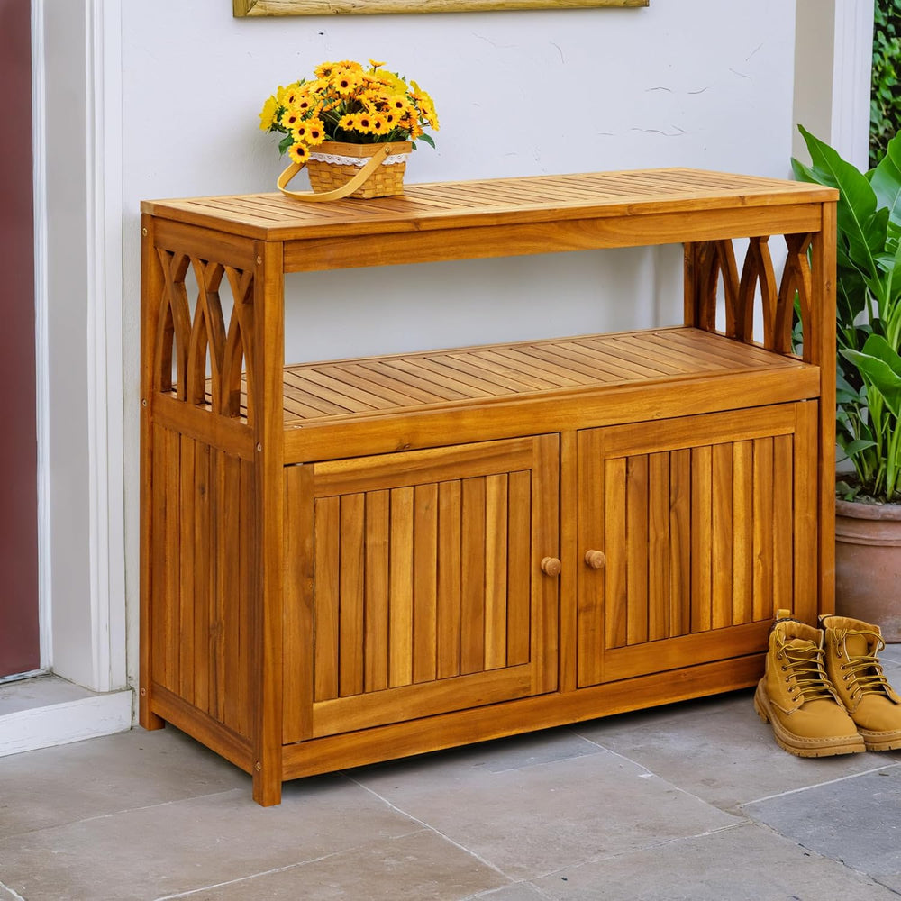 Greesum 2-Tier Outdoor Storage Cabinet in Acacia Wood, with 2 Magnetic Doors,...