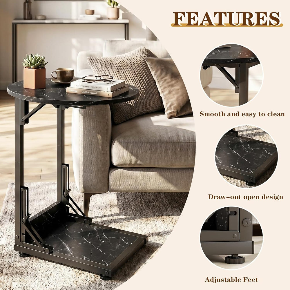 Folding Side Table, C Shaped End Table with Metal Frame, Round Couch Table &a...