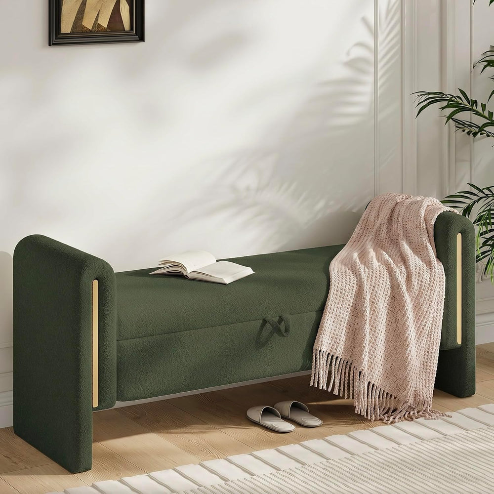 52" Storage Ottoman Bench, Teddy Upholstered End of Bed Bench with Pull-...