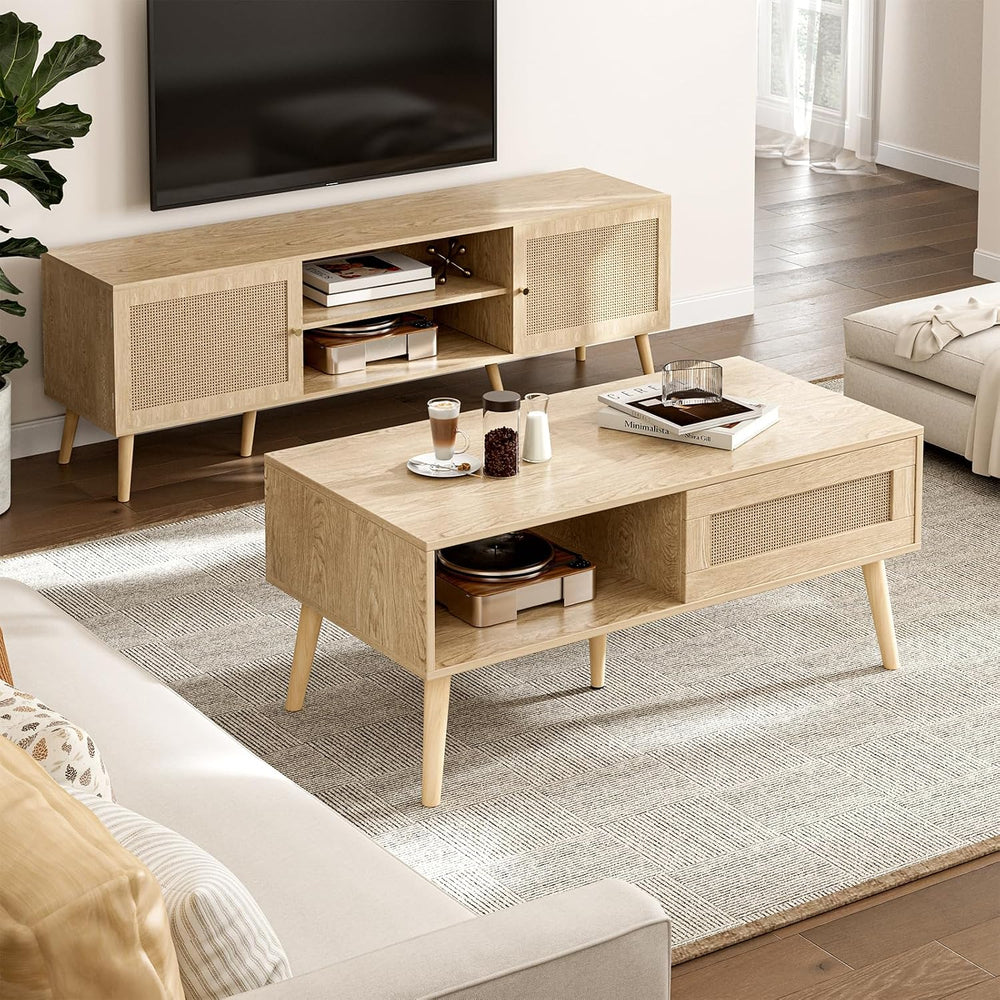Rattan Coffee Table with Sliding Doors, Mid-Century, Natural