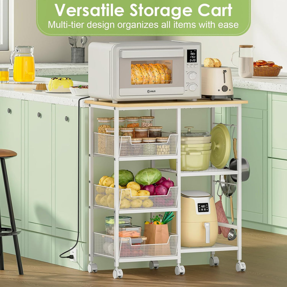 Rolling Kitchen Microwave Organizer Cart, Adjustable Shelves, White | Kitchen...