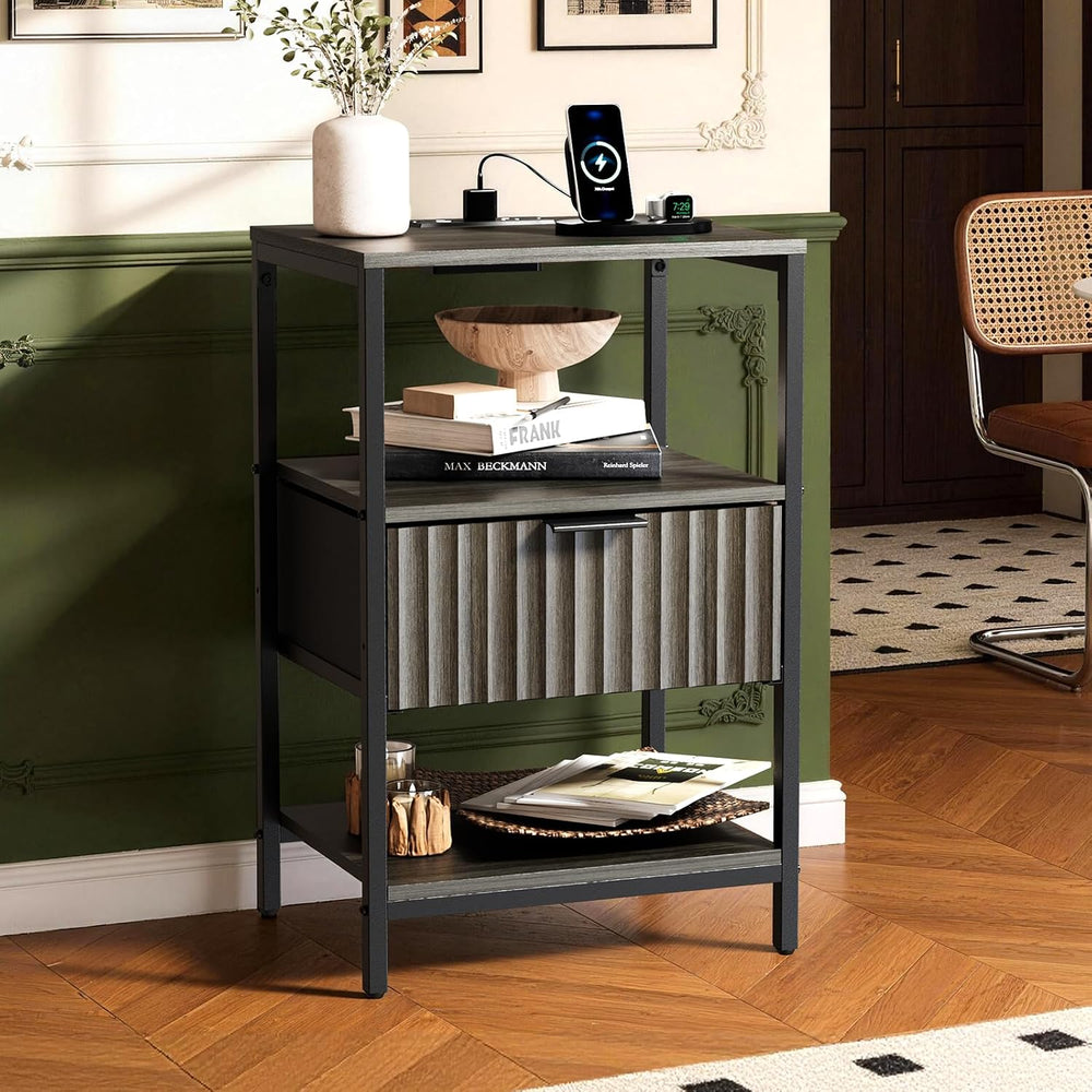 Bonnlo Fluted Nightstand Set of 2, End Table with Fabric Drawer with Charging...