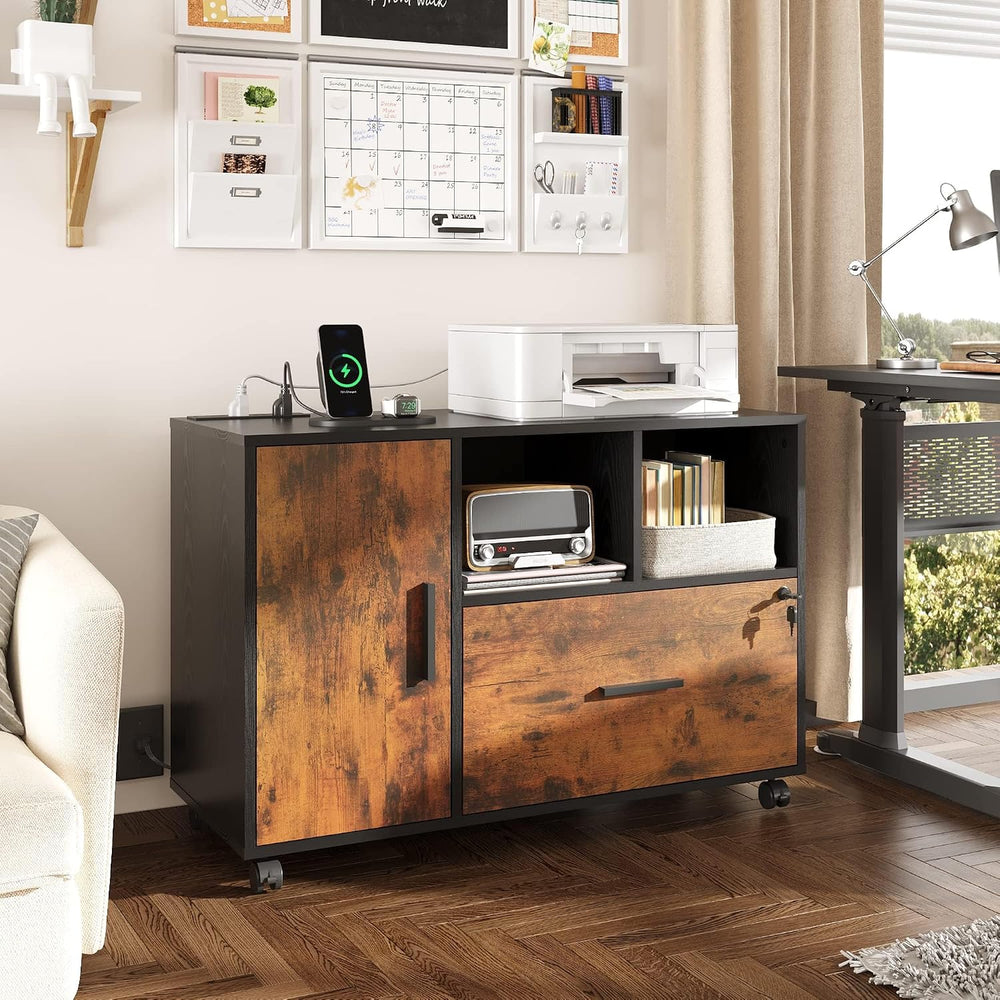DEVAISE File Cabinet with Charging Station, 1 Drawer Rolling File Cabinet, Lo...