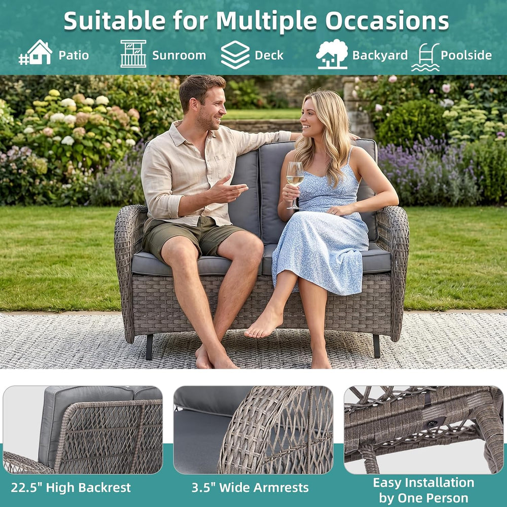 MEETWARM Outdoor Wicker Patio Glider Set, Loveseat for 2 Person Porch Furnitu...