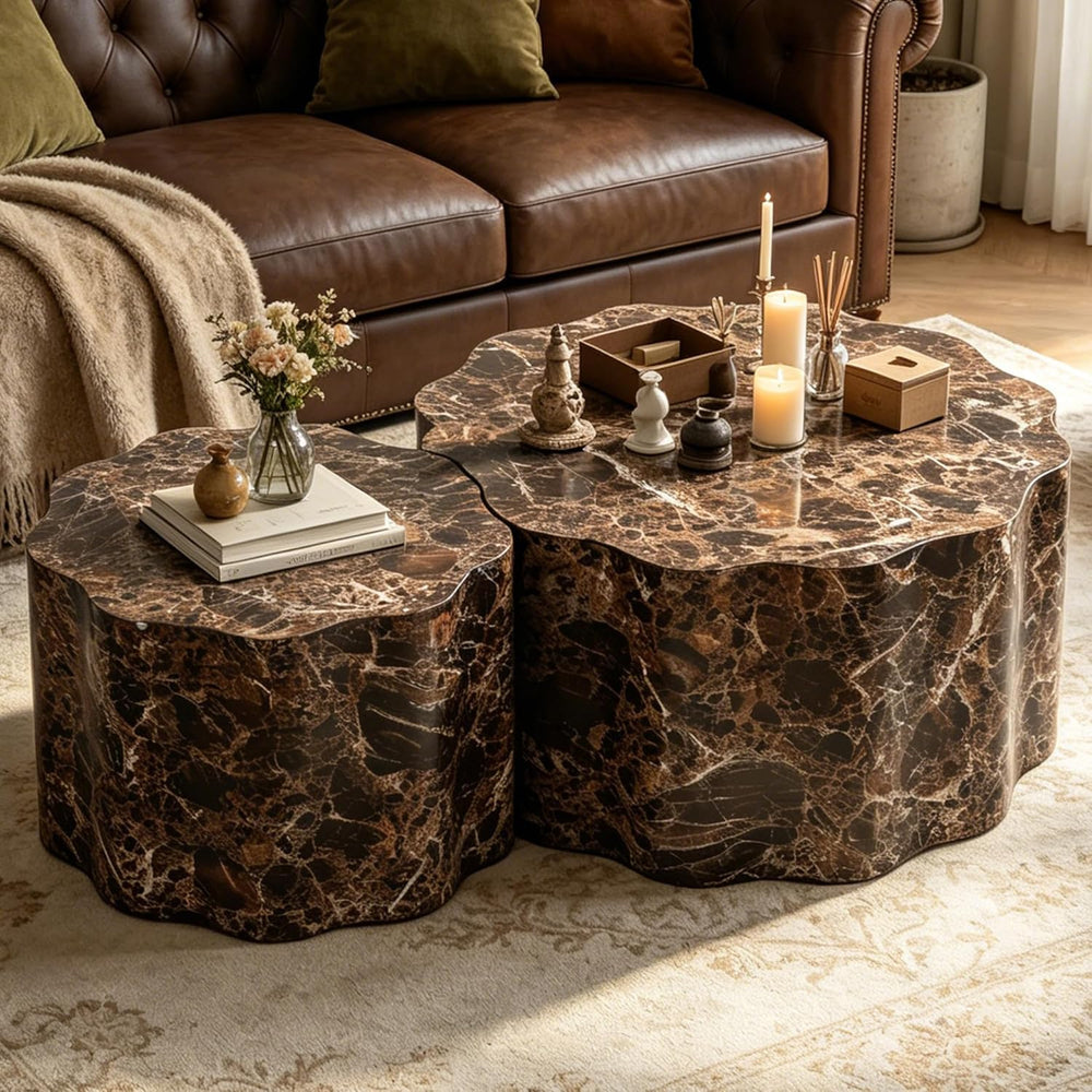 Round Coffee Table Set of 2 with Marble Look Veneer,Round Coffee Table and Si...