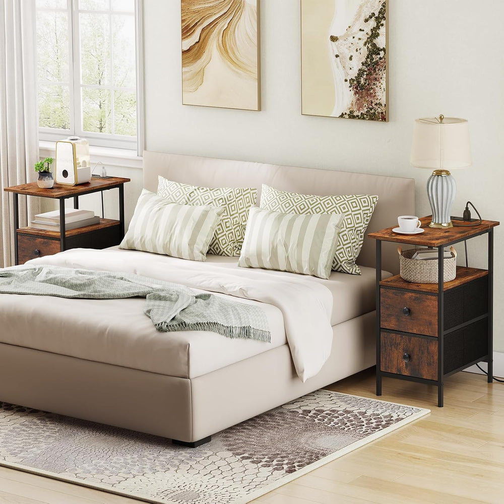 HOOBRO End Table with Charging Station, Narrow Side Table, Nightstand with 2 ...