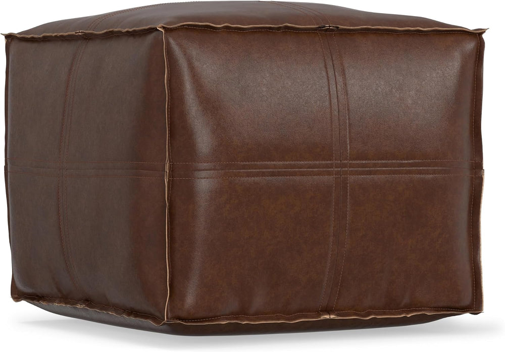 SIMPLIHOME Brody 18" Wide Square Pouf in Distressed Dark Brown Faux Leat...