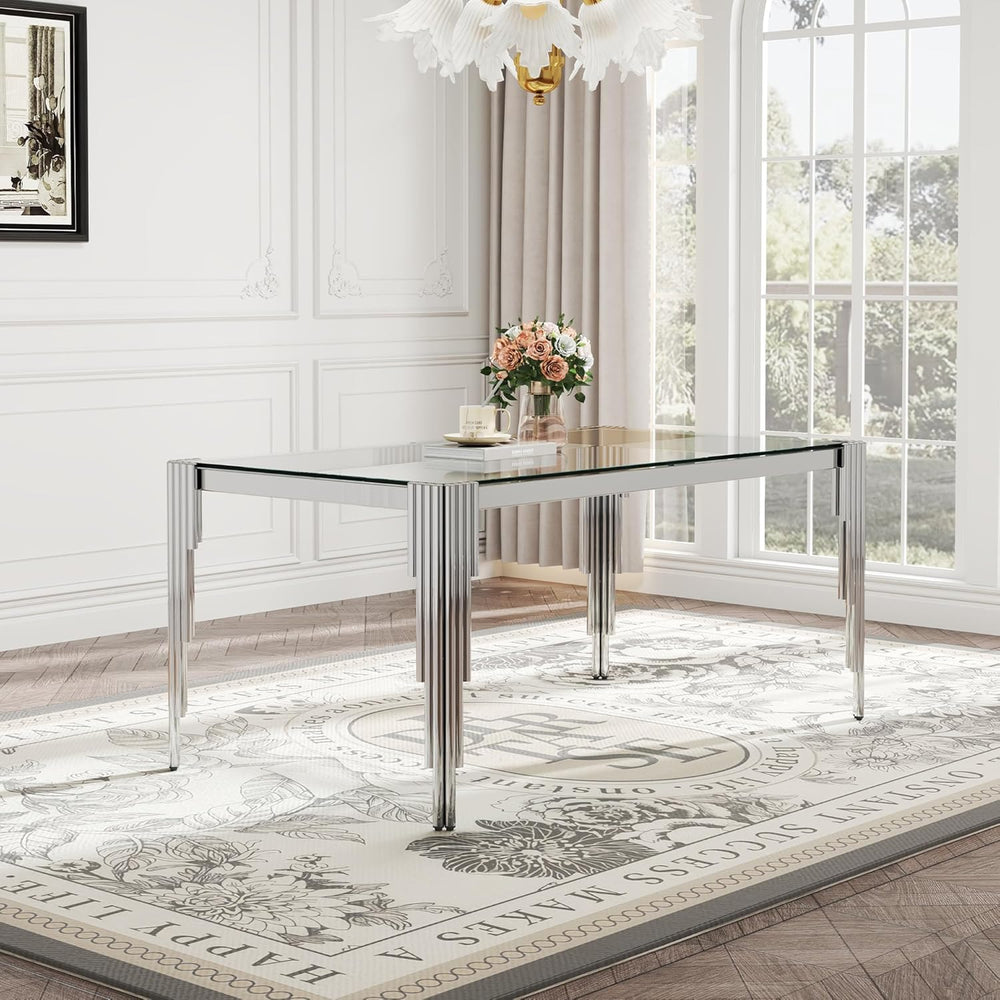 Modern Rectangle Glass Dining Table, 65" Clear Tempered Glass Desktop wi...
