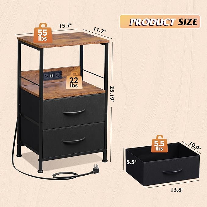 WLIVE Nightstand with Charging Station, LED Night Stand with 2 Fabric Drawers...