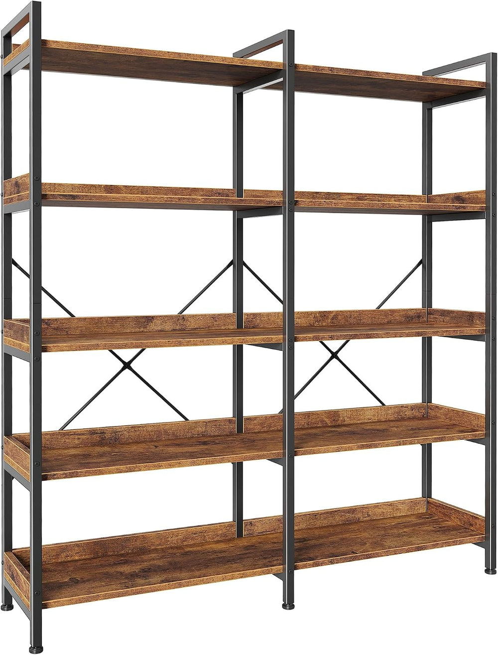 Huuger 5 Tier Bookshelf with 10 Open Shelves and Raised Baffle, Rustic Brown