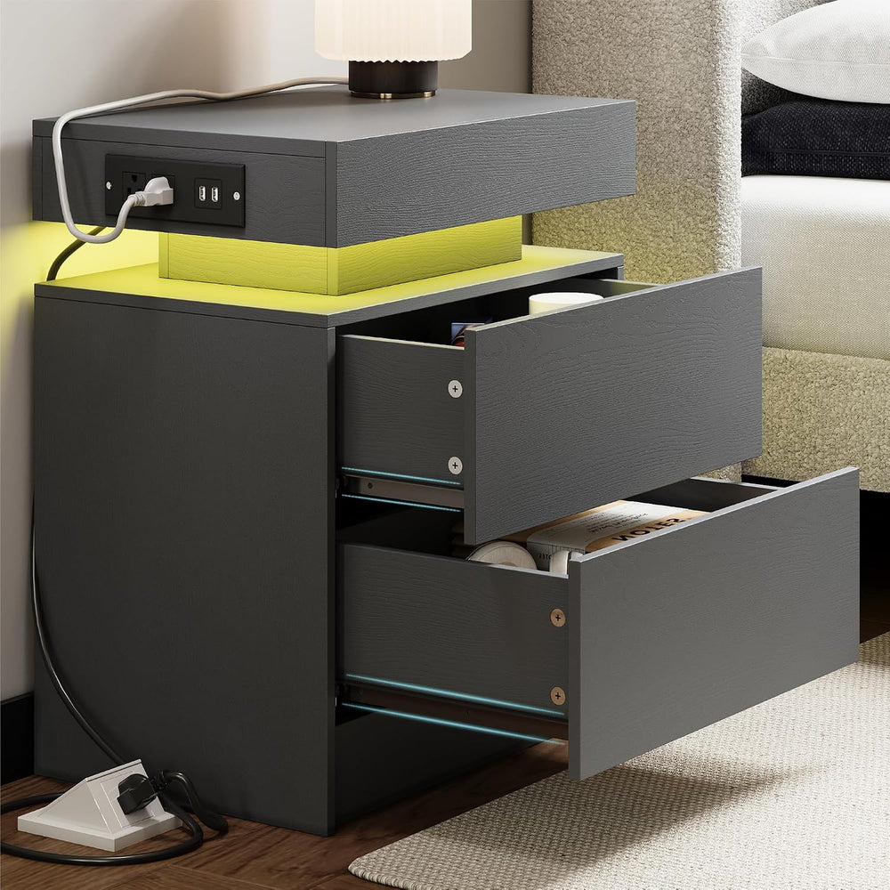 LIKIMIO Nightstand with Charging Station LED Light and 2 Drawers Grey | charg...