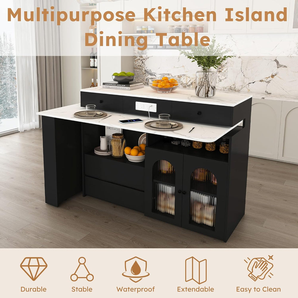 Flieks Kitchen Island with Extendable & Rotating Table, MDF with Marble V...